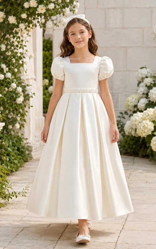 Weißes Satin-Blumenmädchenkleid mit eckigem Ausschnitt und Puffärmeln, perfekt für die Kommunion