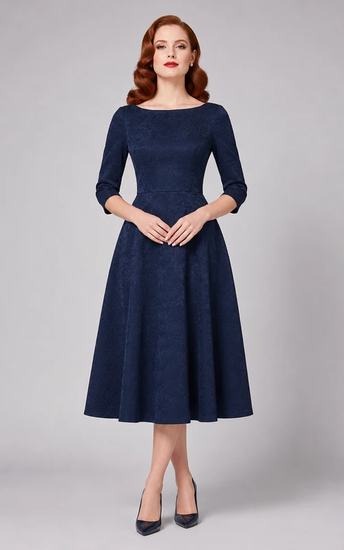 Vestido formal vintage de satén azul marino oscuro, largo hasta la rodilla, con mangas tres cuartos y escote barco.