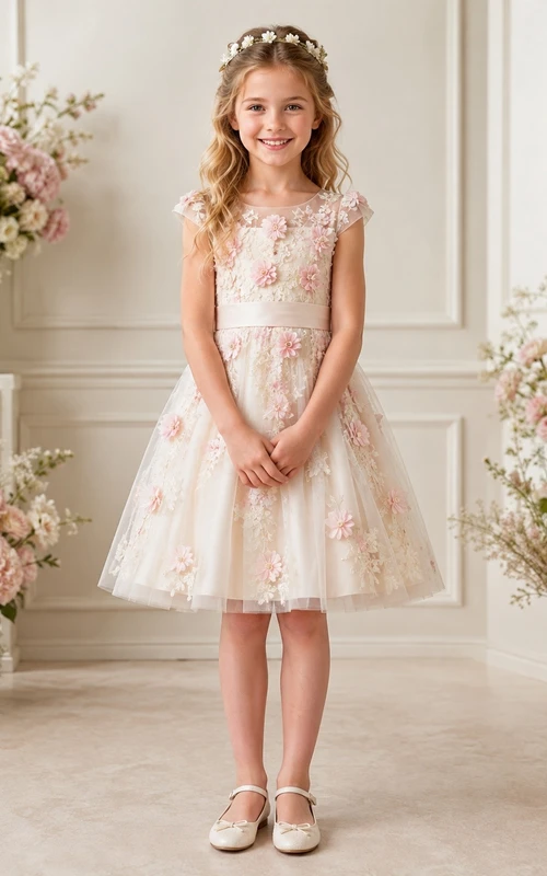 Tea Length Floral Princess Cap Sleeve Tulle A-Line Flowergirl Dress