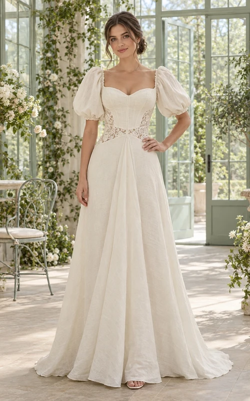 Leinen-Hochzeitskleid mit herzförmigem Ausschnitt, Puffärmeln, Spitze an der Taille und A-Linie