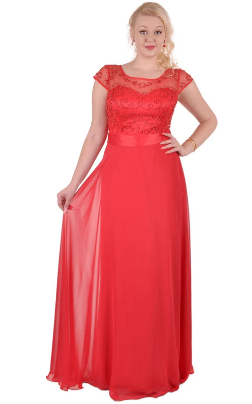 Empire-Kleid mit Rundhalsausschnitt, kurzen Ärmeln und Chiffon-Schärpe, Illusion-Effekt