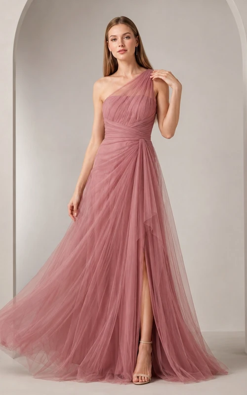 Dusty Rose One-Shoulder Sleeveless Tulle A-Line Split Evening Dress