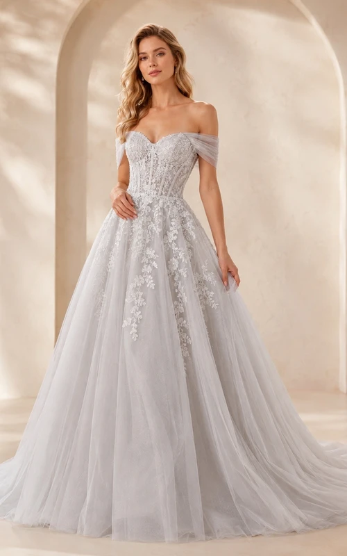 Vestido de novia bohemio romántico elegante con hombros descubiertos, edición B, corte A y encaje.