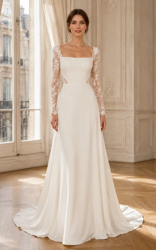 Robe de mariée classique en satin et dentelle, col carré, manches longues, coupe trapèze, traîne, manches fleuries, style vintage