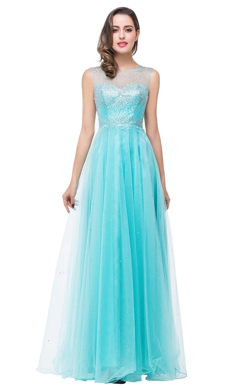 Zartes, perlenbesetztes A-Linien-Abendkleid mit Illusion-Schnitt, Reißverschluss, bodenlang, ärmellos
