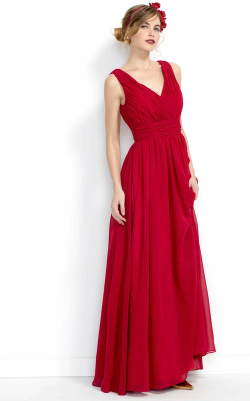 Sheath Maxi V-Neck Draped Chiffon Bridesmaid Dress