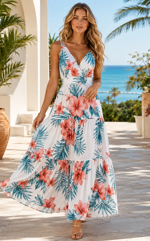 White Tropical Floral V Neck Resort Print Maxi Dress