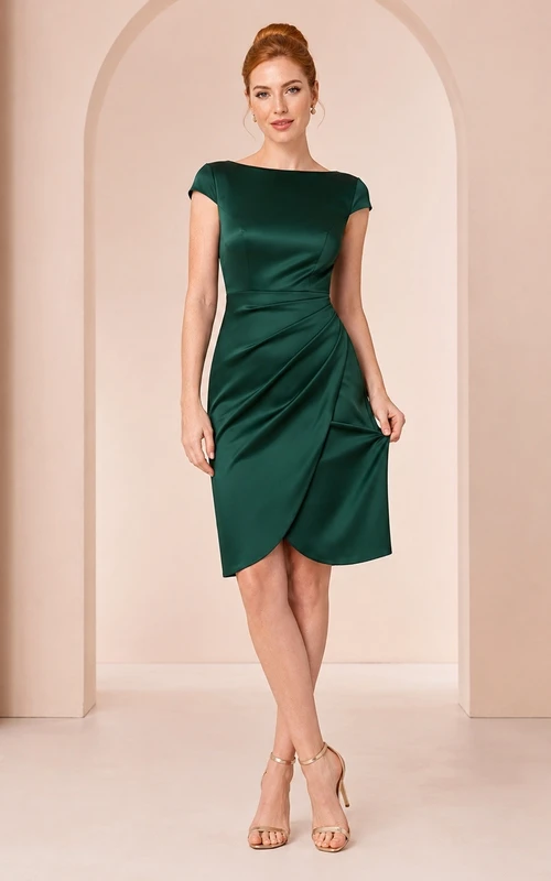 Dark Green Jersey Scoop Neck Short Sleeve Sheath Knee-length Dress