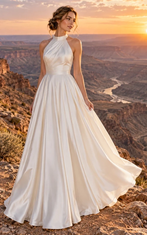 Vestido de novia sencillo de satén con cuello alto, escote halter, corte en A, corpiño fruncido y falda larga.