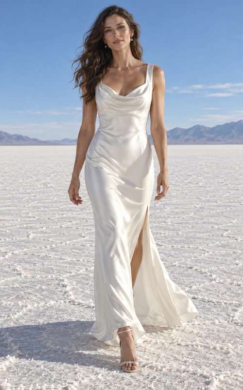 Sencillo vestido de novia vintage de charmeuse con escote drapeado, tirantes anchos y abertura.