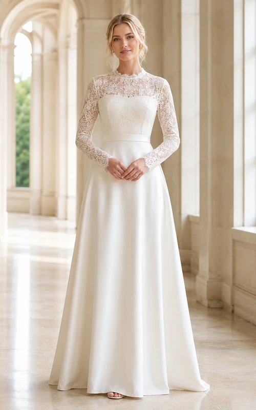 Robe de mariée Temple Heirloom en satin, coupe trapèze, longueur au sol, col montant, manches longues, style modeste.