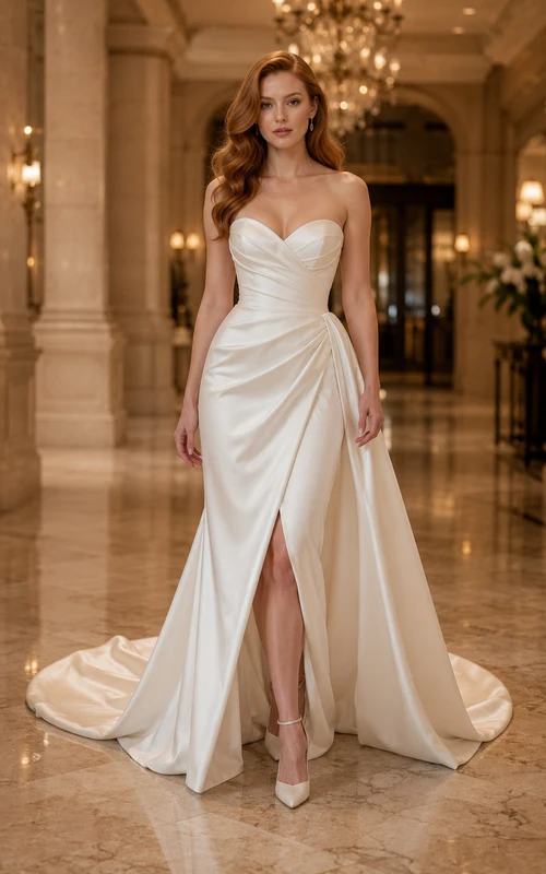 Brautkleid aus Satin, A-Linie, trägerlos, Herzausschnitt, Schleppe