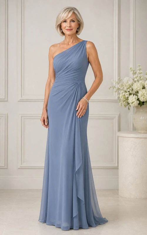 Stahlblaues, schulterfreies Chiffon-Etuikleid für Mütter