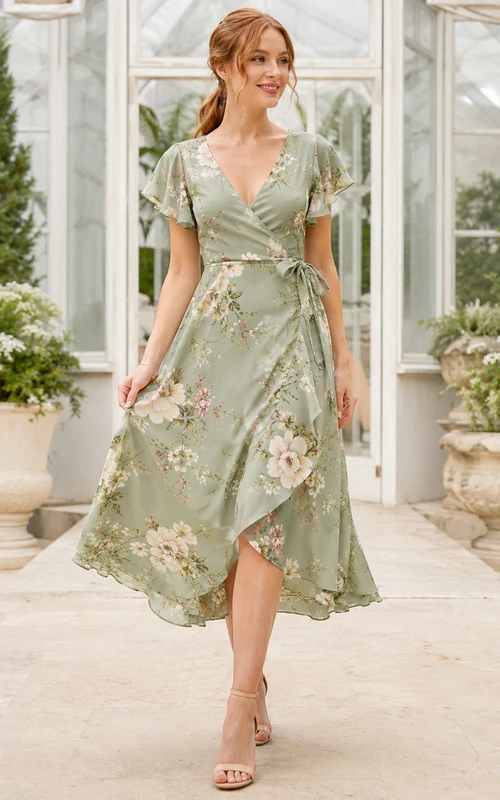 Robe de soirée asymétrique à col V et manches papillon, imprimé floral sauge