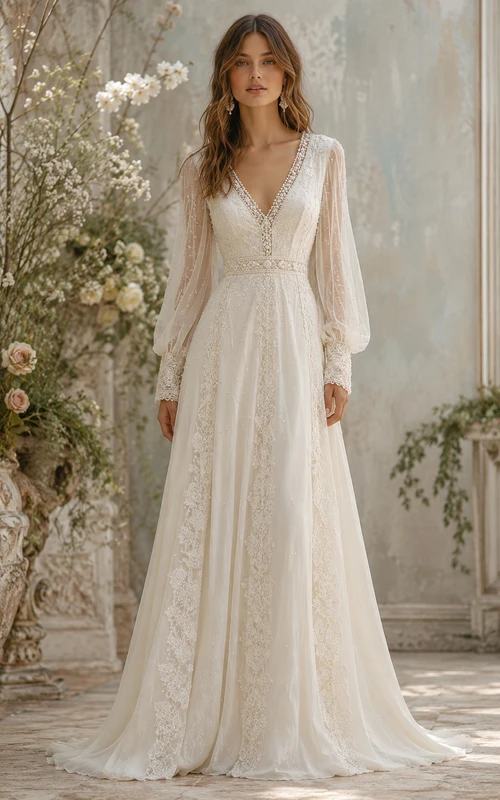 V-Neck Bishop Sleeve Lace A-Line Vintage Wedding Dress