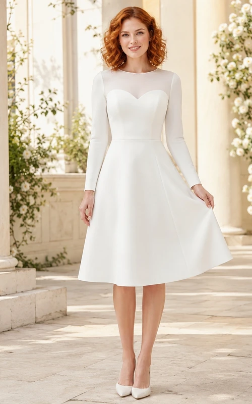 White High Neck Long Sleeve Jersey Tea-Length A-Line Dress