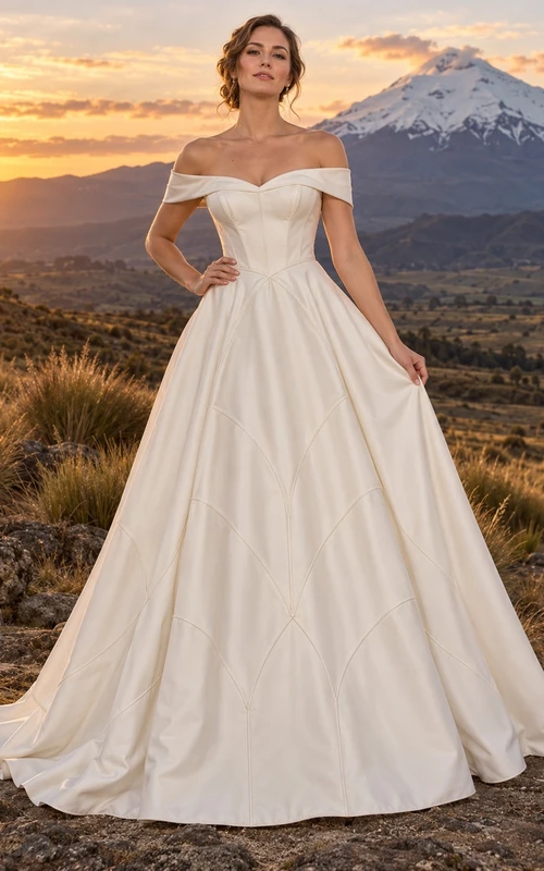 Vestido de novia de satén de algodón con hombros descubiertos, corpiño con paneles y cola completa en línea A.