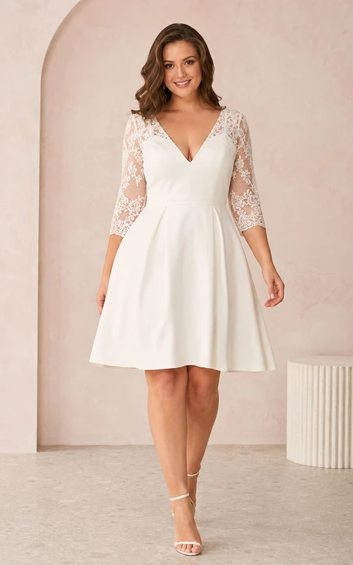 Robe de mariée élégante pour la mairie, col en V, manches trois-quarts en dentelle, coupe trapèze, longueur genou