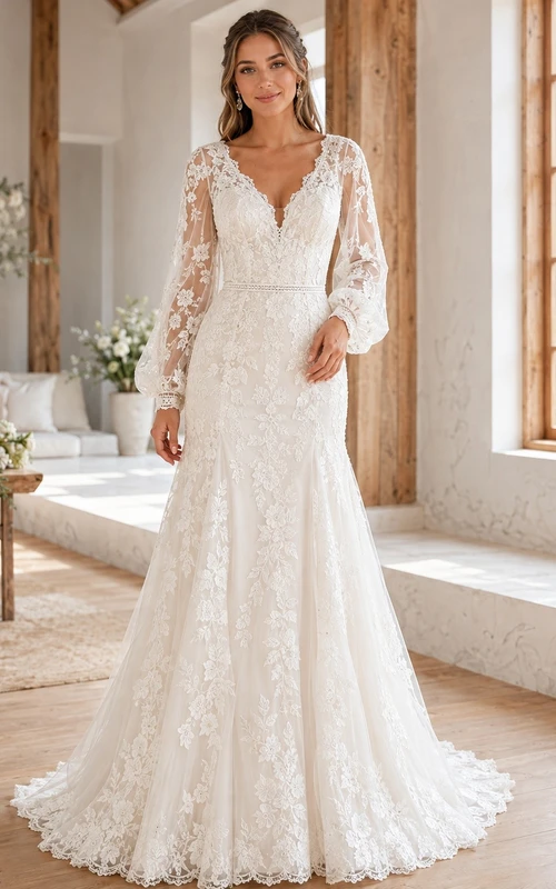 Vestido de novia bohemio de encaje estilo sirena, largo hasta el suelo, con escote en V y mangas largas