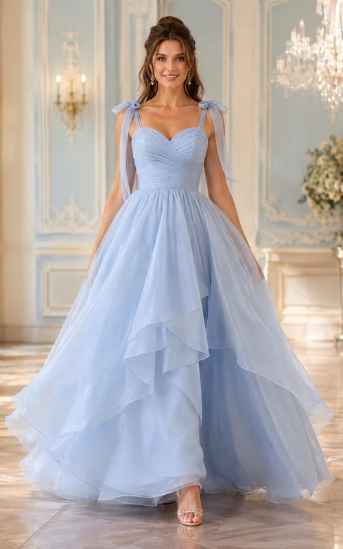 Vestido de gala de corte A con volantes y sin tirantes de tul azul cielo