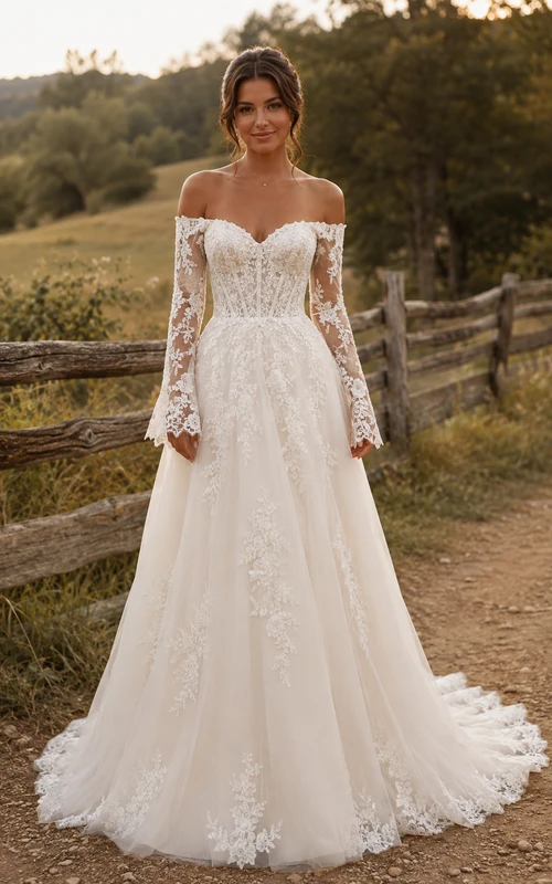Vestido de novia campestre de encaje, corte A, manga larga, hombros descubiertos y cola de tul.