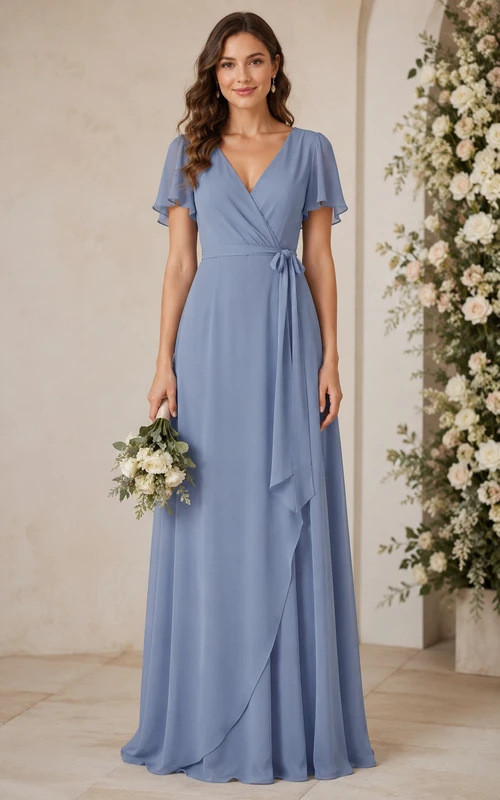 Steel Blue Wrap A-Line Chiffon Bridesmaid Dress with Flutter Sleeves