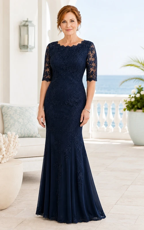 Navy Lace Mermaid Mother Dress with Three-Quarter Sleeves