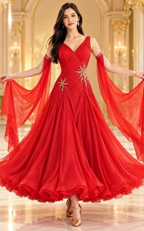 Robe de bal rouge en mousseline de soie, col en V, manches cape drapées et col montant