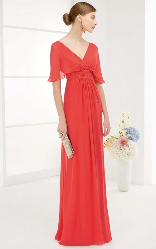 Robe de bal longue en mousseline de soie, coupe empire, col V, dos V et manches cache-cœur