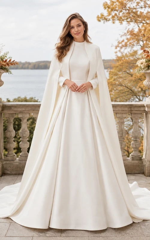 Vestido de novia formal modesto de manga larga y cuello alto, corte en A.