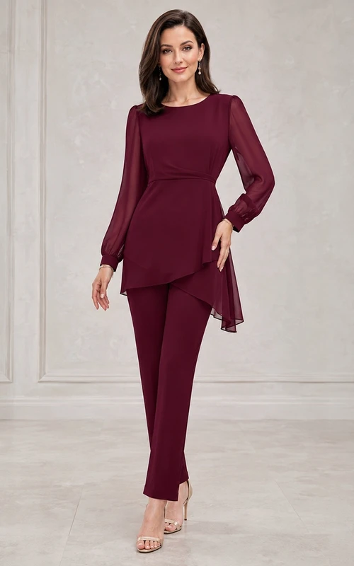 Petite Long Sleeve Peplum Two Piece Burgundy Mother Suit