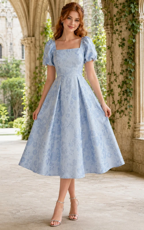 Castle Sky Blue Square Neck Jacquard Organza A-Line Tea-Length Puff Sleeve Dress