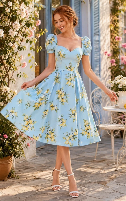 Vestido de gasa azul limón con estampado floral, cuello cuadrado, manga corta, corte en A y largo hasta la rodilla