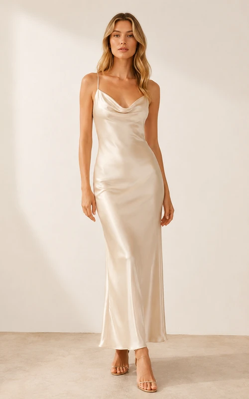 Robe nuisette en satin champagne à col bénitier et longueur cheville