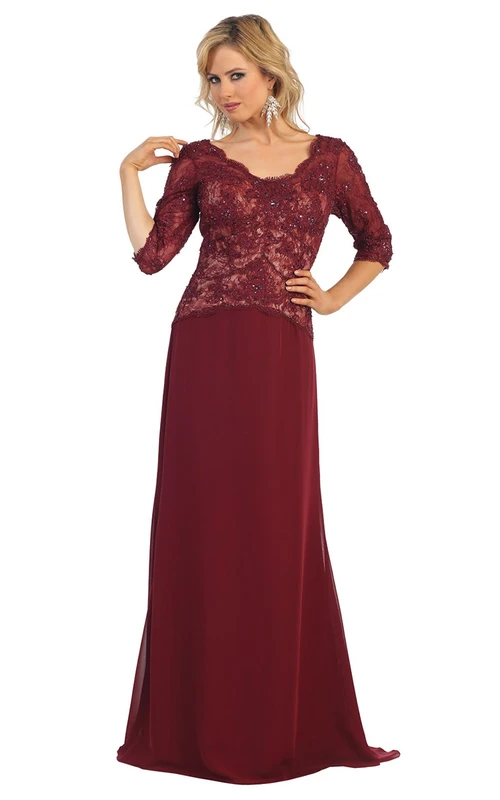 Robe fourreau longue à col en V, manches mi-longues, fente sur le devant en dentelle, dos nu en V orné d'appliqués
