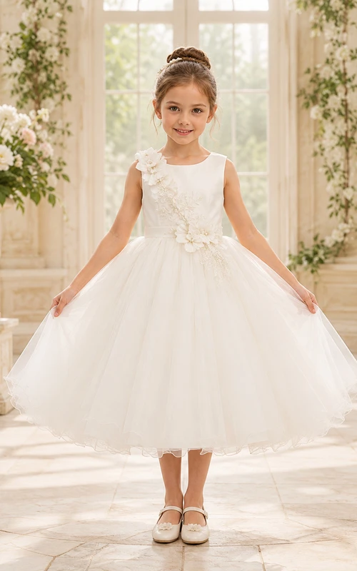 Bow Back Tulle A-Line Flower Girl Dress with Jewel Neck and Tea-Length Skirt