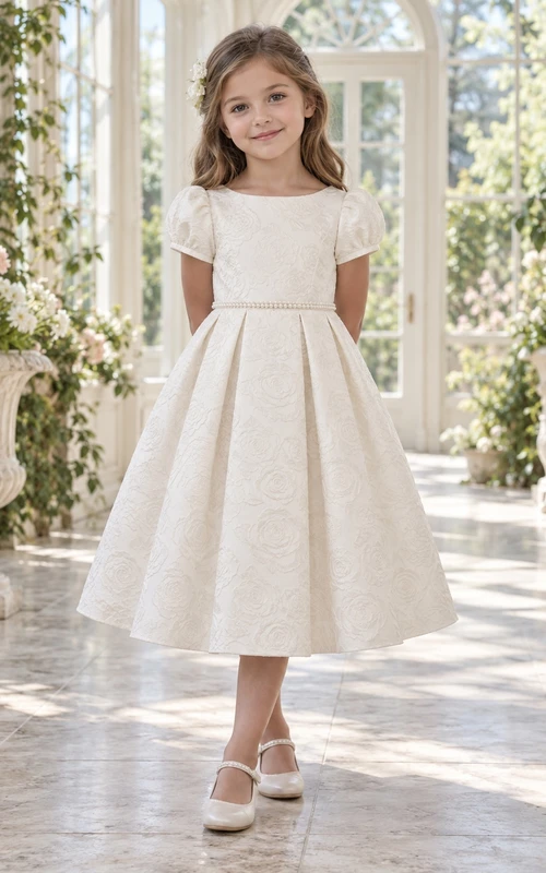 Tea-length Vintage Ivory A-line Floral Textured Short-sleeve Pleated Flower Girl Dress