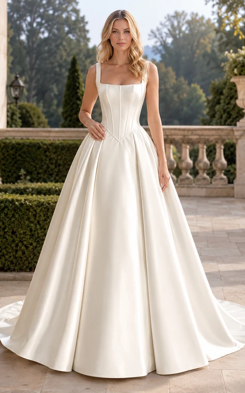 Robe de mariée minimaliste en satin, robe de bal, col carré, sans manches, traîne.