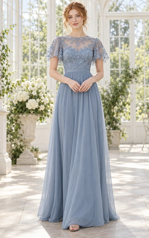 Vestido de dama de honor de gasa con encaje, cuello ilusión y mangas con volantes en color azul acero occidental