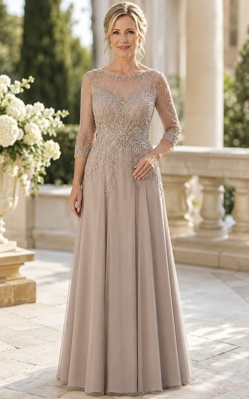 Taupe Chiffon A-Line Mother Dress With Lace Long Sleeves