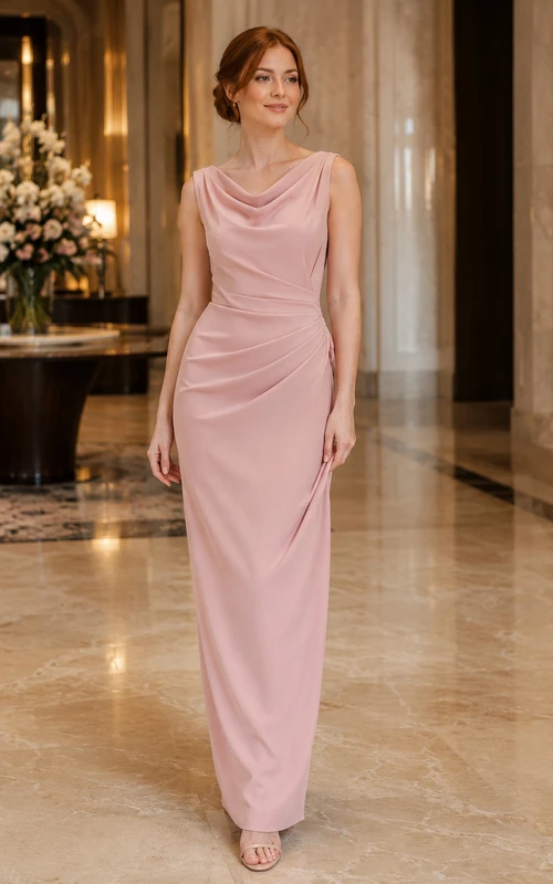 Abendkleid in Altrosa mit Wasserfallausschnitt