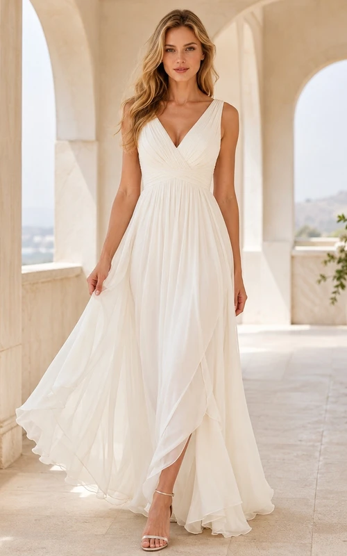 Ivory Chiffon V-Neck A-Line Floor-Length Romantic Formal Dress