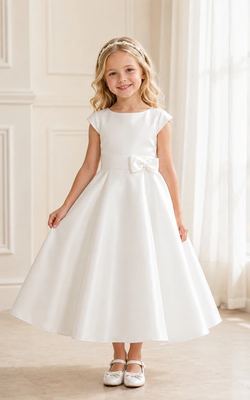 Flower Girl Dress Ivory Satin A-Line Jewel Neck Tea Length Bow Detail