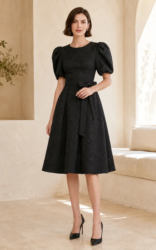 Vintage Schwarzes Samt-Cocktailkleid in Knielänge mit eckigem Ausschnitt, Puffärmeln und Samtausschnitt