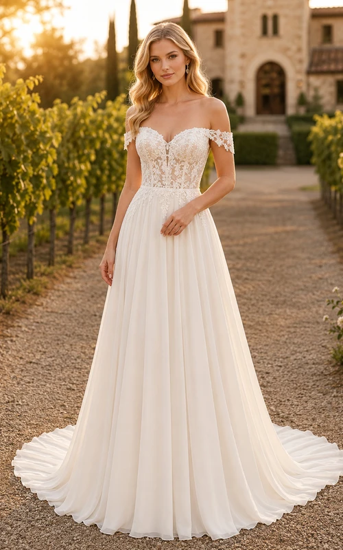 Robe de mariée en mousseline et dentelle, coupe trapèze, épaules dénudées, traîne.