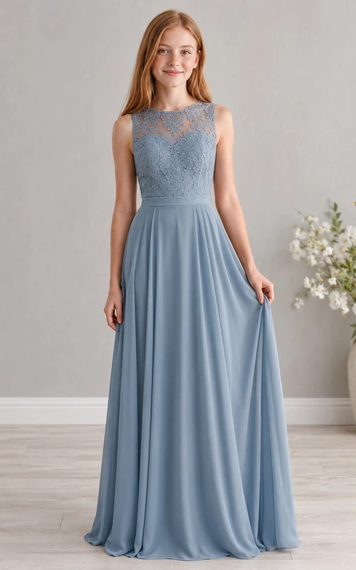 Stahlblaues Brautjungfernkleid für junge Damen, A-Linie, hoher Kragen, ärmellos, Spitze, romantisch