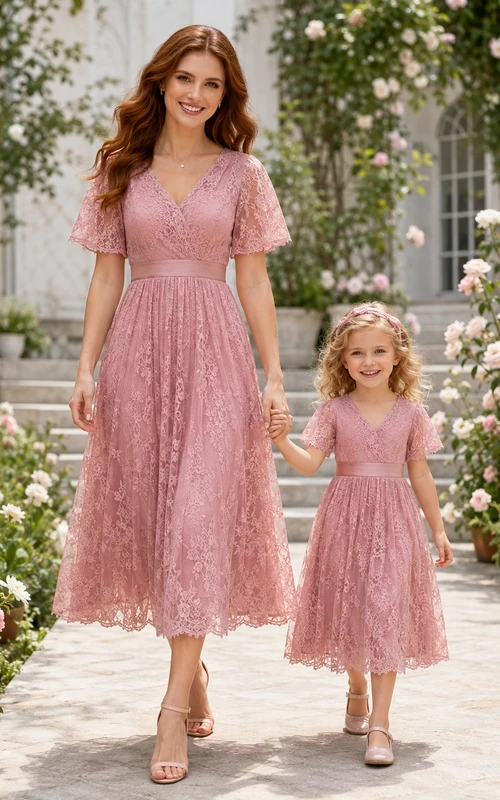 Robe romantique rose poudré à manches courtes et dentelle, coupe trapèze, ornée de bijoux et de dentelle, longueur thé.