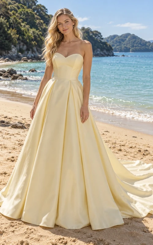 Schlichtes gelbes trägerloses Brautkleid aus Satin in A-Linie mit Herzausschnitt