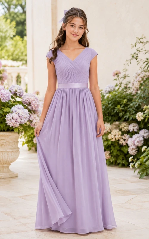 Elegantes, festliches Brautjungfernkleid in zartem Flieder mit A-Linien-Schnitt, V-Ausschnitt und kurzen Ärmeln