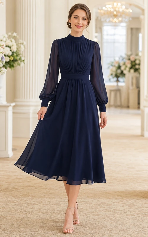 Robe de thé bleu marine en mousseline à col montant et manches transparentes, coupe trapèze